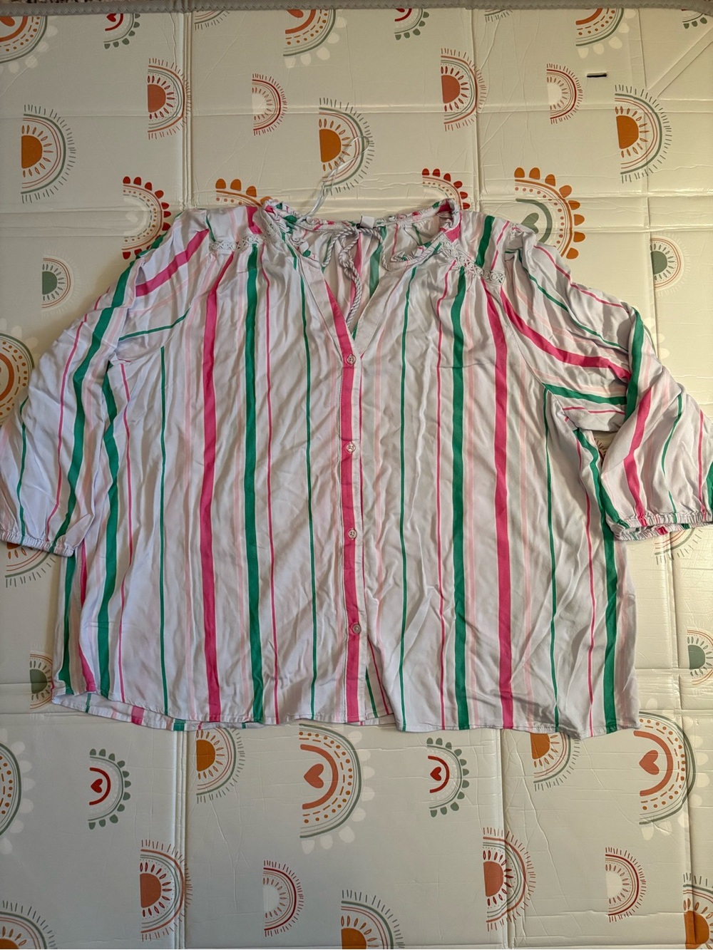 crown & ivy White Button-Front Top with Pink & Green Stripes